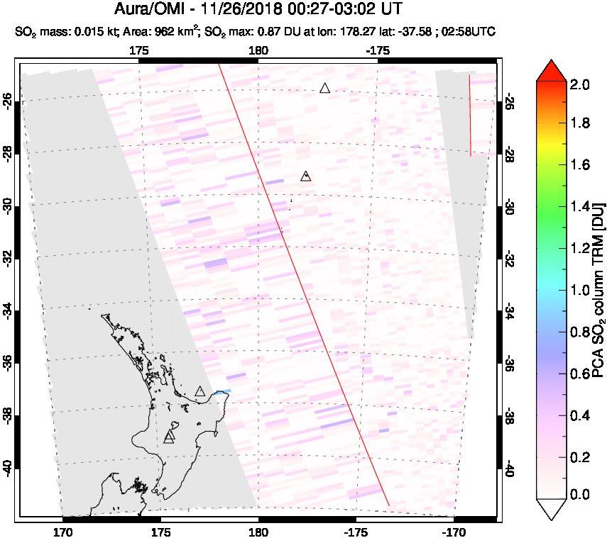 A sulfur dioxide image over New Zealand on Nov 26, 2018.