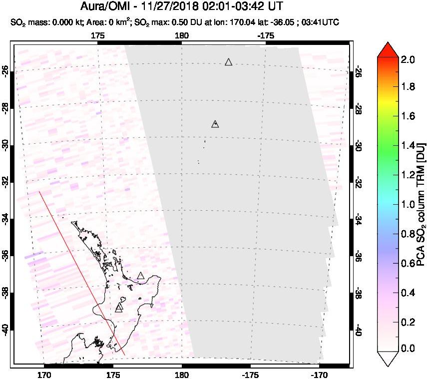 A sulfur dioxide image over New Zealand on Nov 27, 2018.