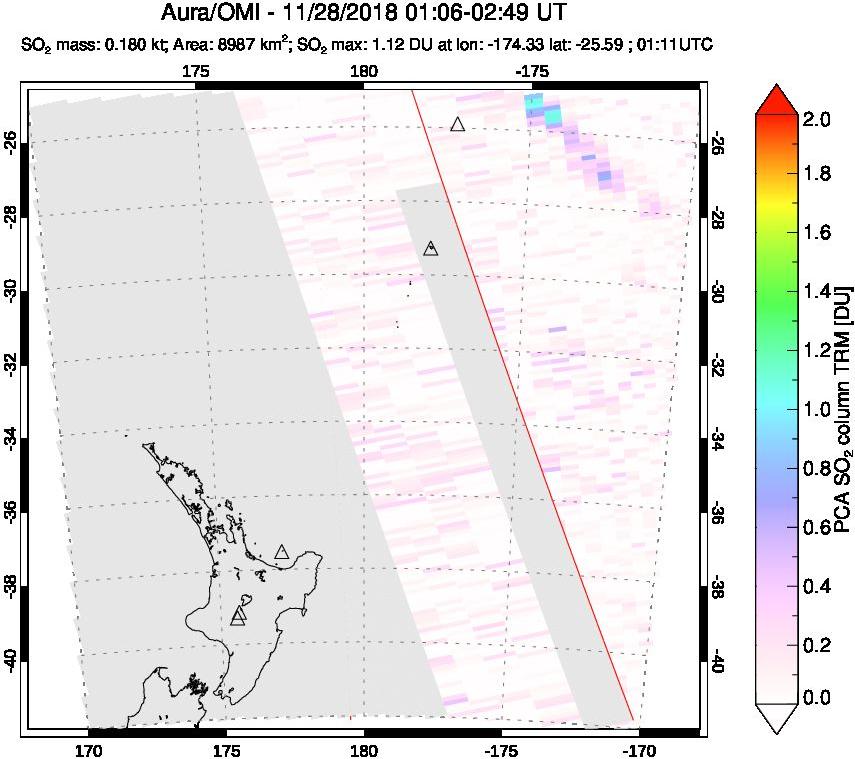 A sulfur dioxide image over New Zealand on Nov 28, 2018.
