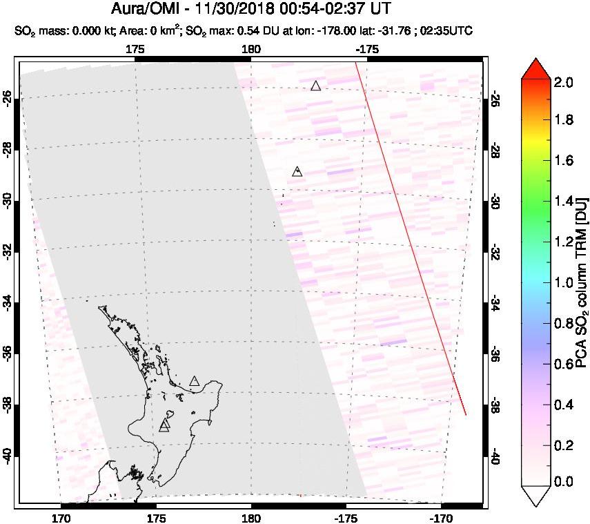 A sulfur dioxide image over New Zealand on Nov 30, 2018.
