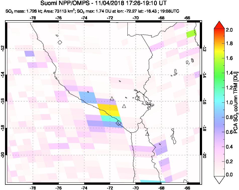 A sulfur dioxide image over Peru on Nov 04, 2018.