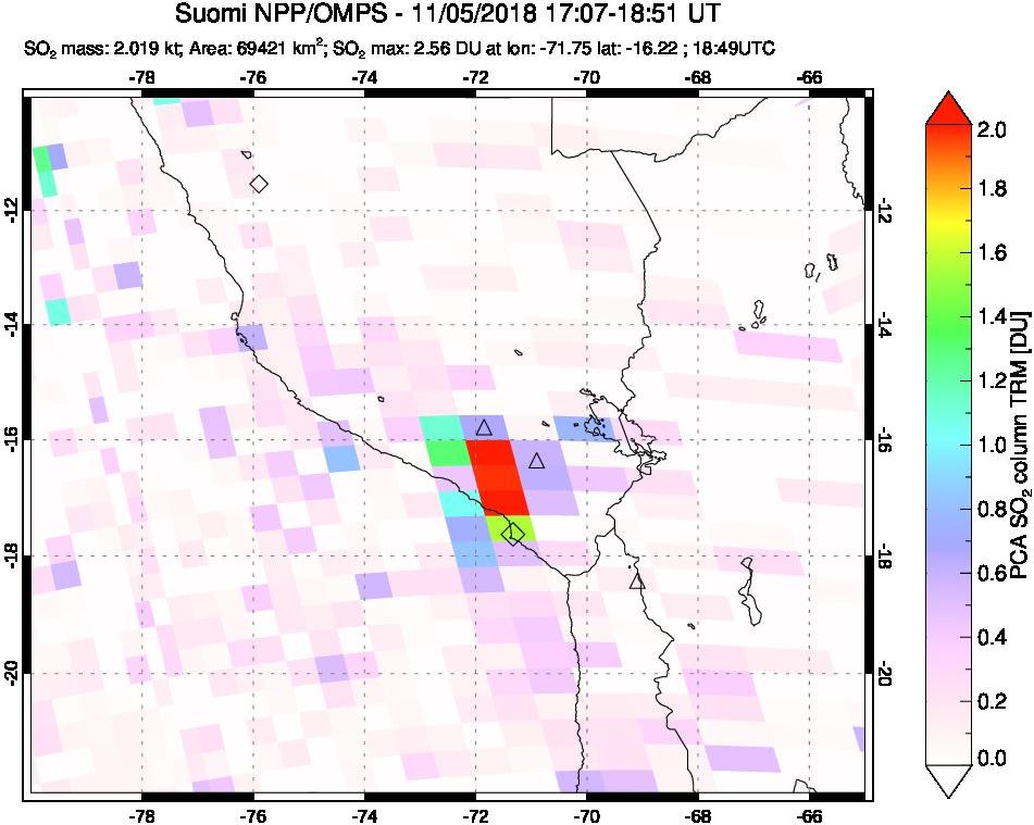 A sulfur dioxide image over Peru on Nov 05, 2018.