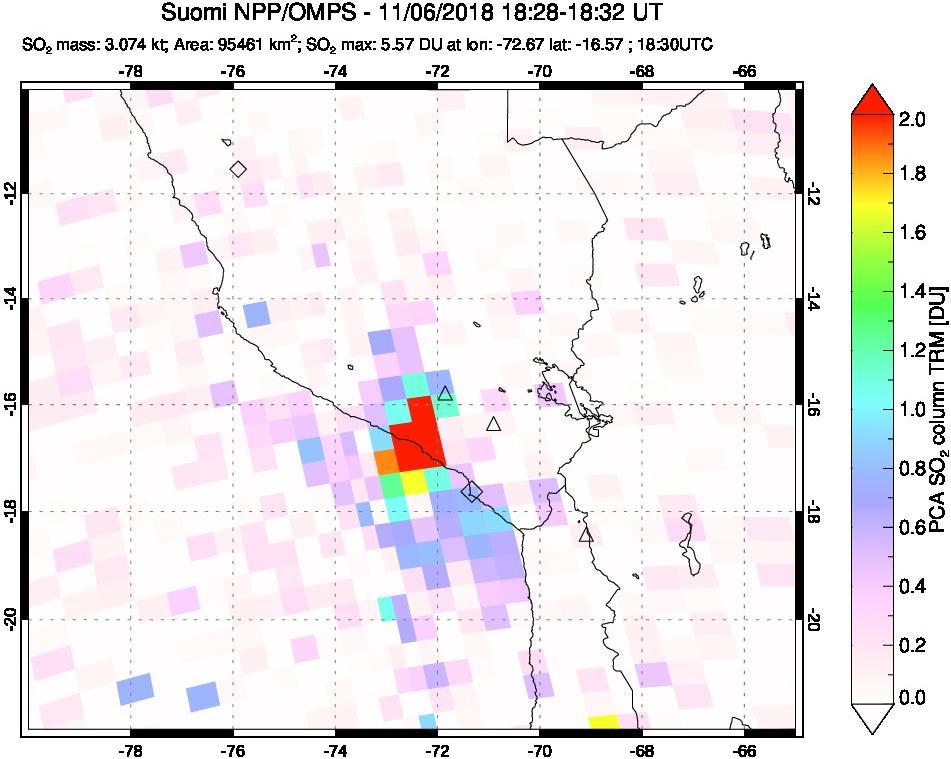 A sulfur dioxide image over Peru on Nov 06, 2018.