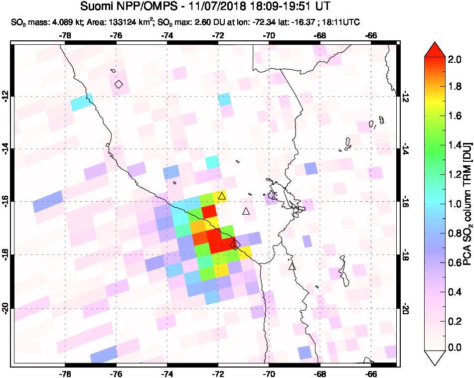 A sulfur dioxide image over Peru on Nov 07, 2018.