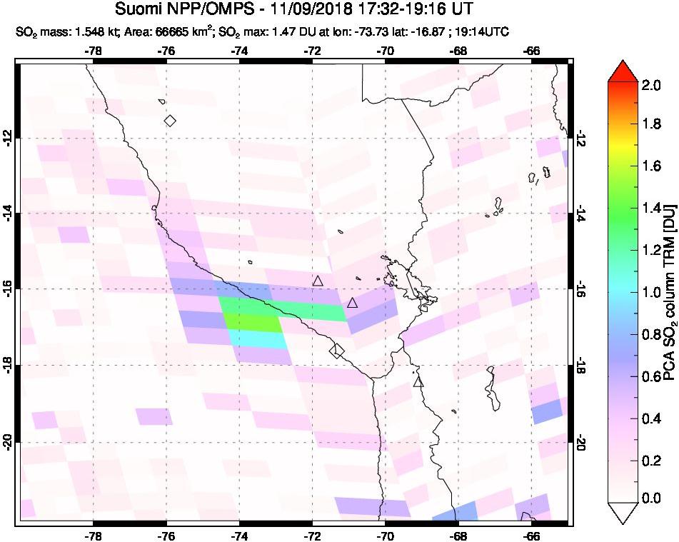 A sulfur dioxide image over Peru on Nov 09, 2018.