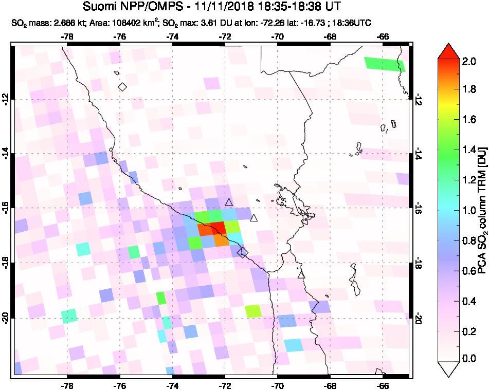 A sulfur dioxide image over Peru on Nov 11, 2018.