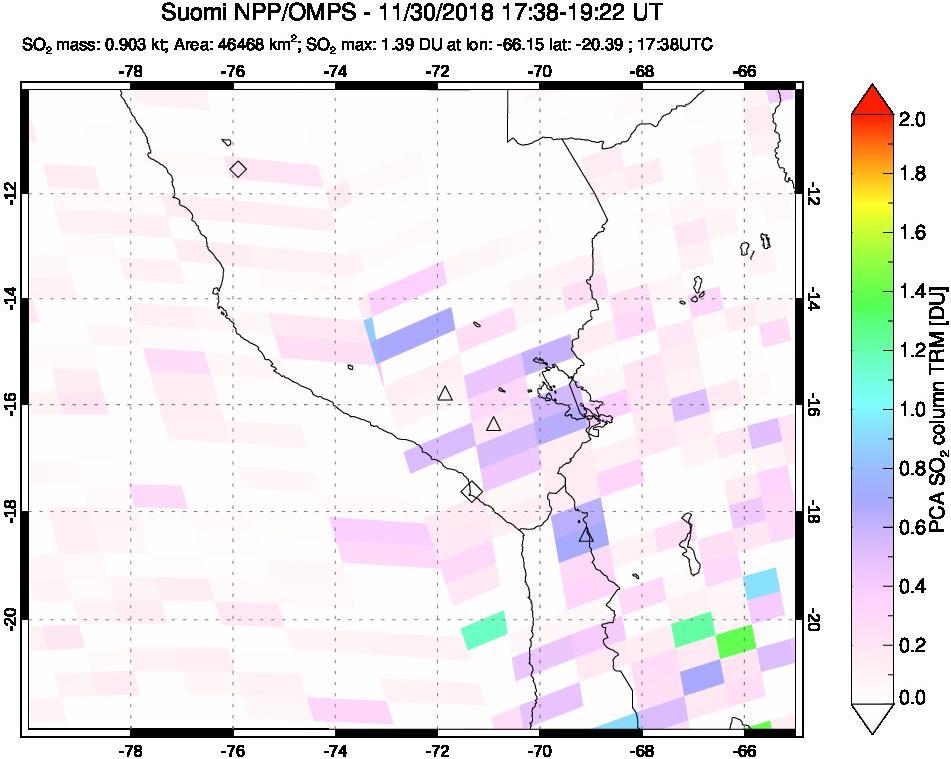 A sulfur dioxide image over Peru on Nov 30, 2018.