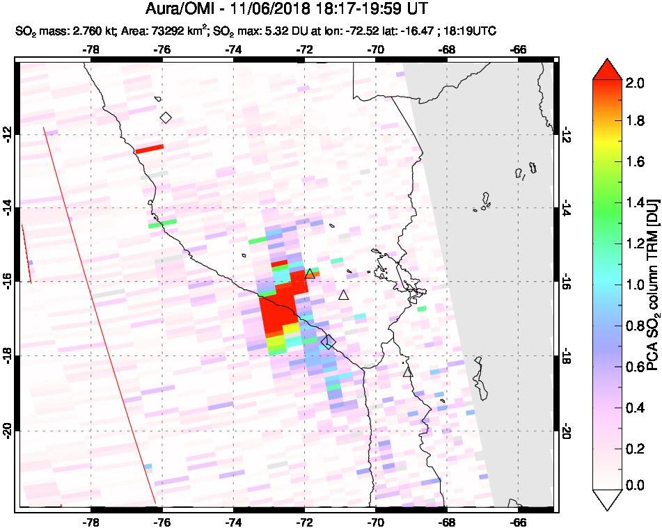 A sulfur dioxide image over Peru on Nov 06, 2018.