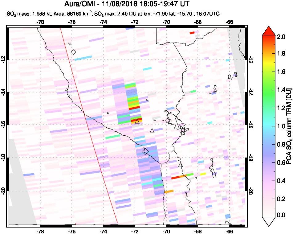 A sulfur dioxide image over Peru on Nov 08, 2018.