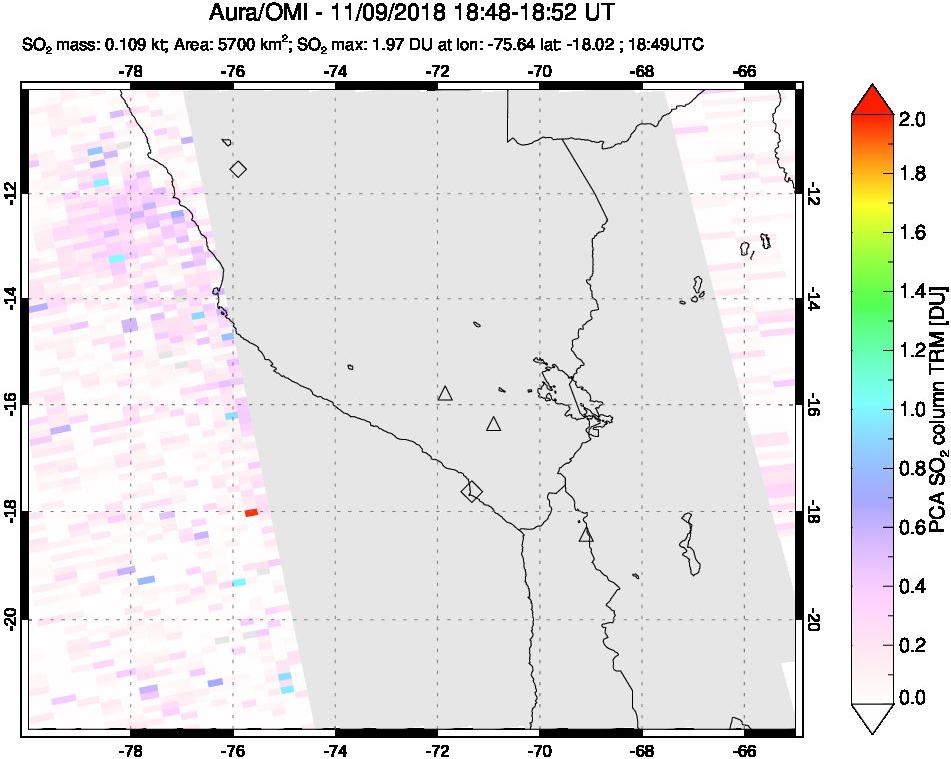 A sulfur dioxide image over Peru on Nov 09, 2018.