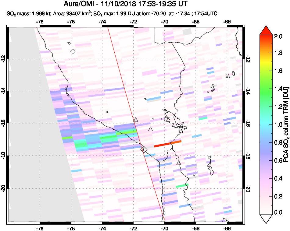 A sulfur dioxide image over Peru on Nov 10, 2018.