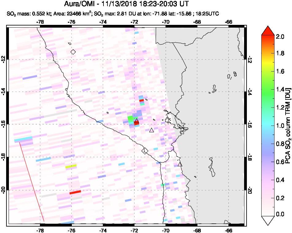 A sulfur dioxide image over Peru on Nov 13, 2018.
