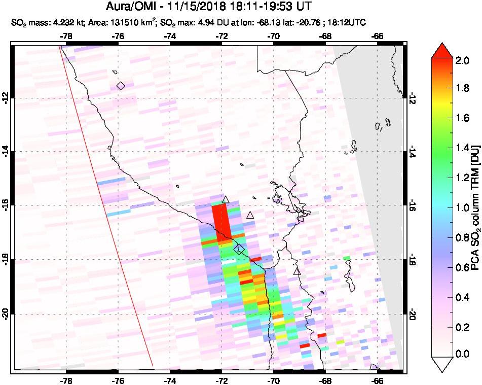 A sulfur dioxide image over Peru on Nov 15, 2018.