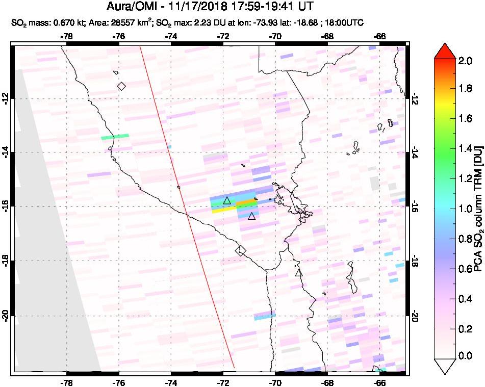 A sulfur dioxide image over Peru on Nov 17, 2018.