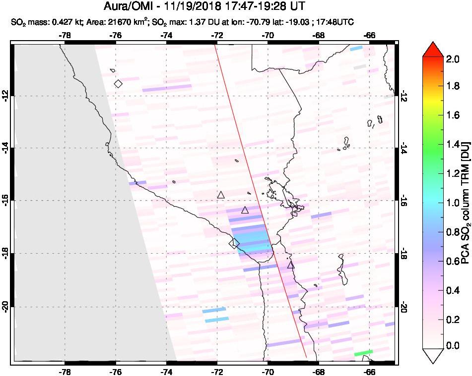 A sulfur dioxide image over Peru on Nov 19, 2018.