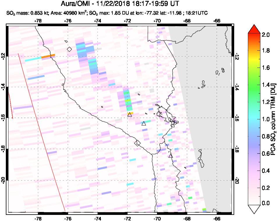 A sulfur dioxide image over Peru on Nov 22, 2018.