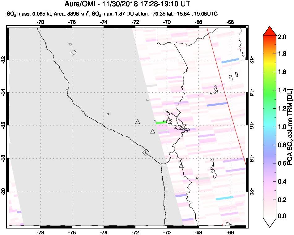 A sulfur dioxide image over Peru on Nov 30, 2018.