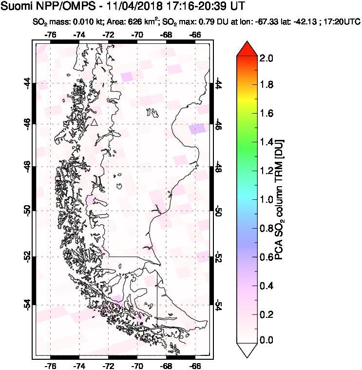 A sulfur dioxide image over Southern Chile on Nov 04, 2018.