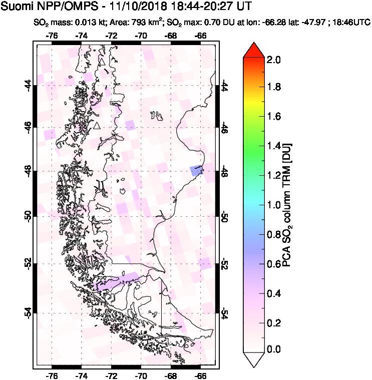 A sulfur dioxide image over Southern Chile on Nov 10, 2018.
