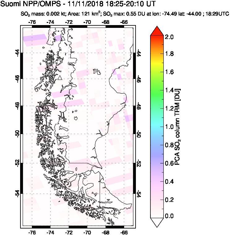 A sulfur dioxide image over Southern Chile on Nov 11, 2018.