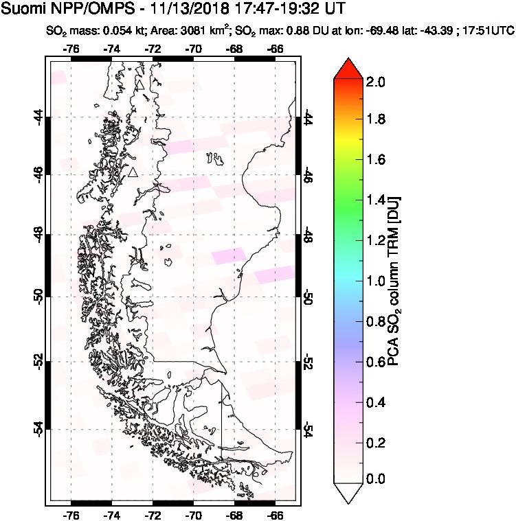 A sulfur dioxide image over Southern Chile on Nov 13, 2018.