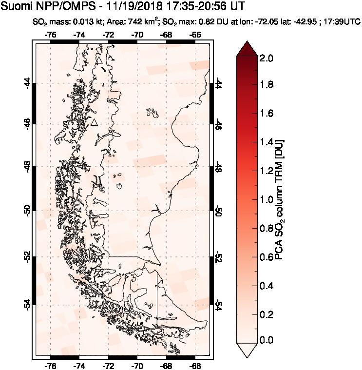 A sulfur dioxide image over Southern Chile on Nov 19, 2018.