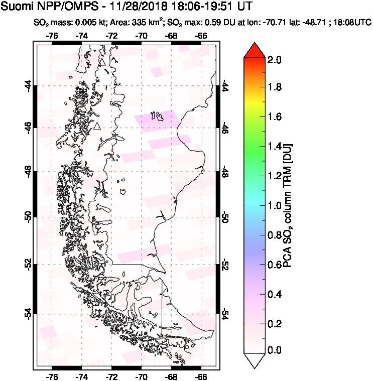 A sulfur dioxide image over Southern Chile on Nov 28, 2018.