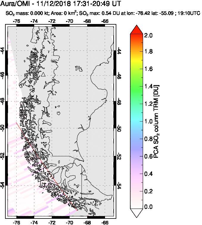 A sulfur dioxide image over Southern Chile on Nov 12, 2018.