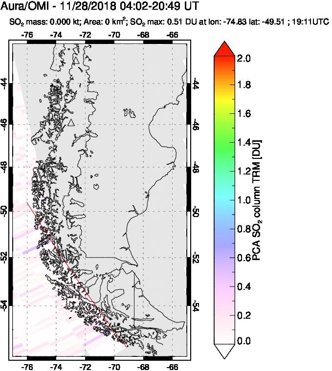 A sulfur dioxide image over Southern Chile on Nov 28, 2018.