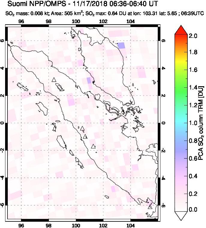 A sulfur dioxide image over Sumatra, Indonesia on Nov 17, 2018.