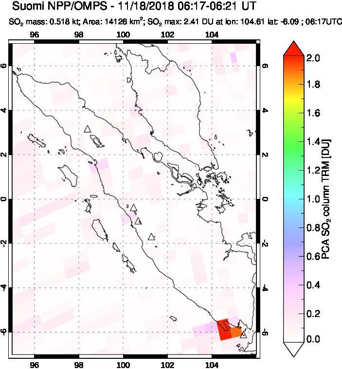 A sulfur dioxide image over Sumatra, Indonesia on Nov 18, 2018.