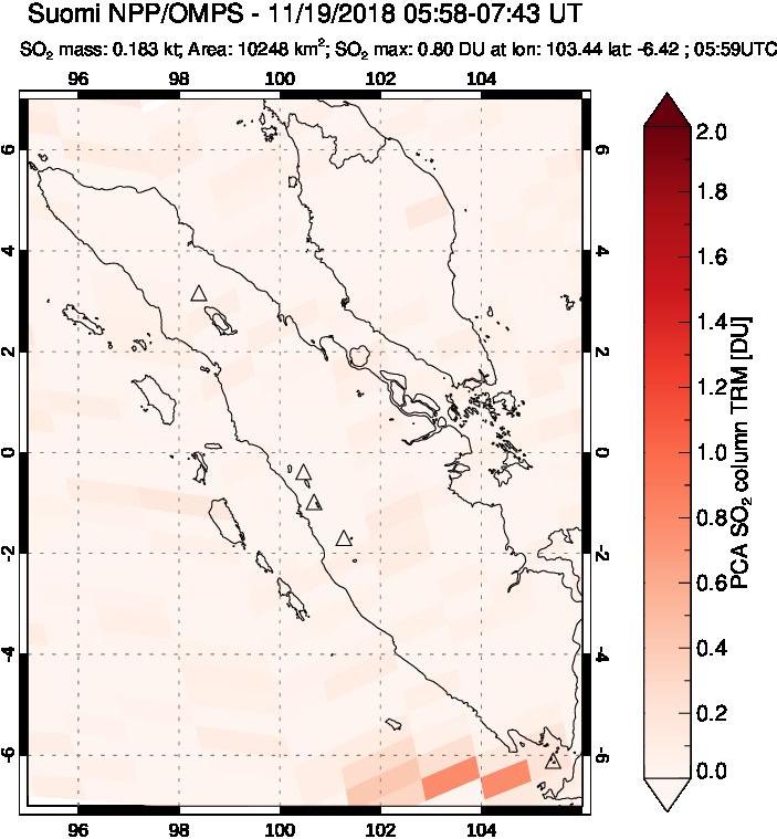 A sulfur dioxide image over Sumatra, Indonesia on Nov 19, 2018.