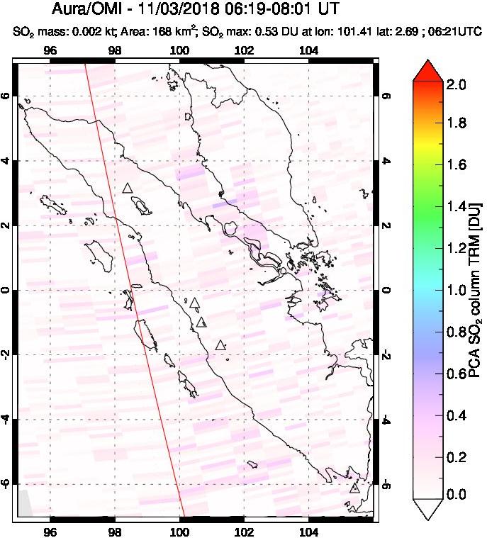 A sulfur dioxide image over Sumatra, Indonesia on Nov 03, 2018.