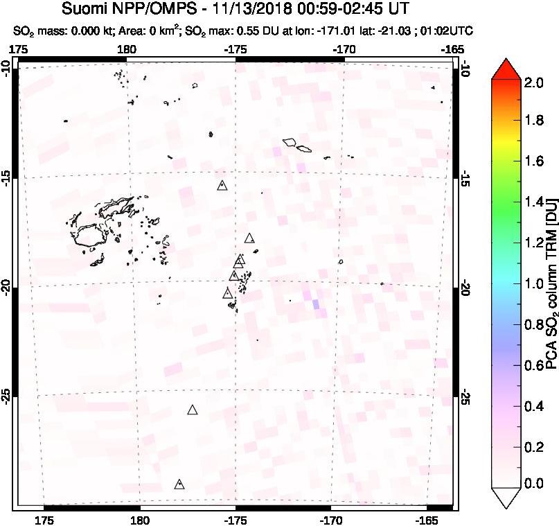 A sulfur dioxide image over Tonga, South Pacific on Nov 13, 2018.
