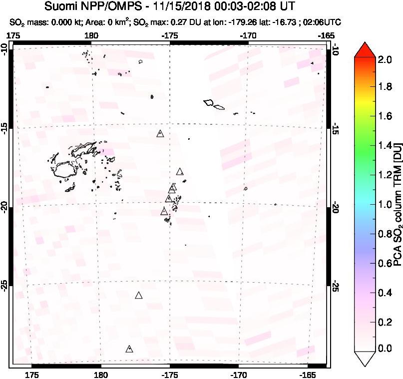 A sulfur dioxide image over Tonga, South Pacific on Nov 15, 2018.