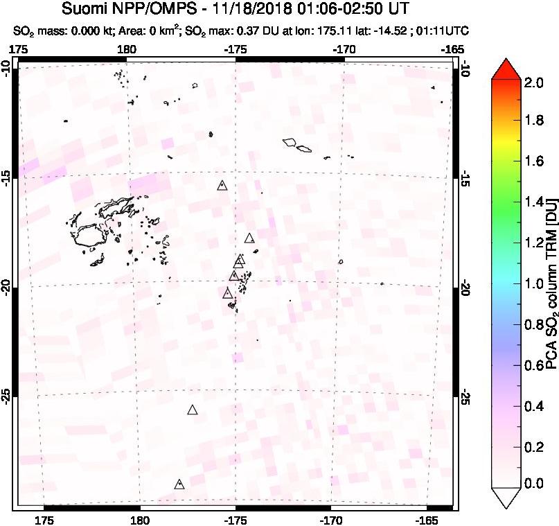 A sulfur dioxide image over Tonga, South Pacific on Nov 18, 2018.