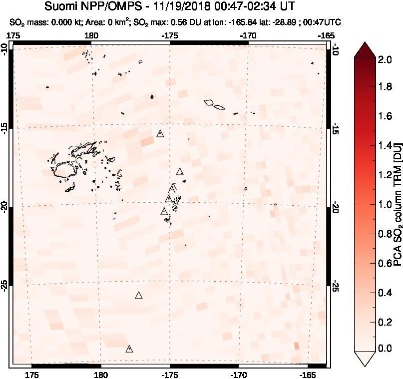 A sulfur dioxide image over Tonga, South Pacific on Nov 19, 2018.