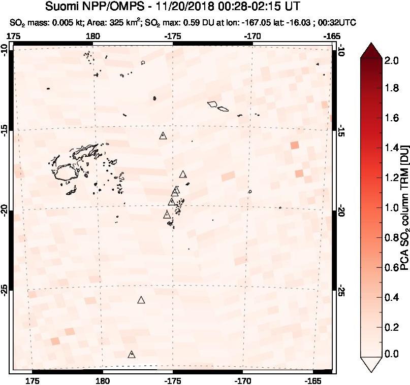 A sulfur dioxide image over Tonga, South Pacific on Nov 20, 2018.
