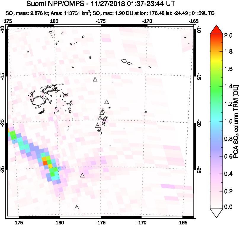 A sulfur dioxide image over Tonga, South Pacific on Nov 27, 2018.