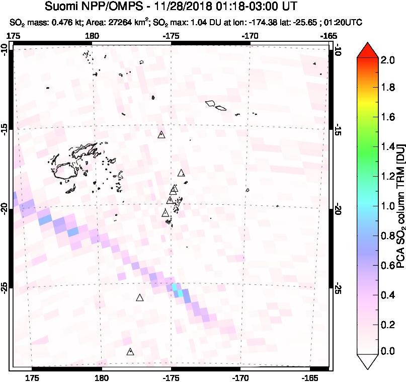 A sulfur dioxide image over Tonga, South Pacific on Nov 28, 2018.