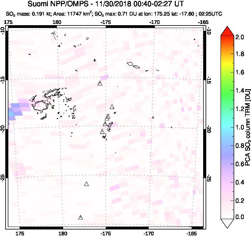 A sulfur dioxide image over Tonga, South Pacific on Nov 30, 2018.