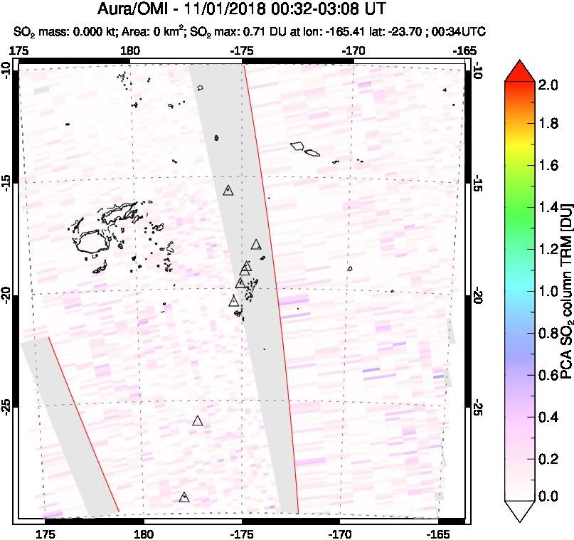 A sulfur dioxide image over Tonga, South Pacific on Nov 01, 2018.