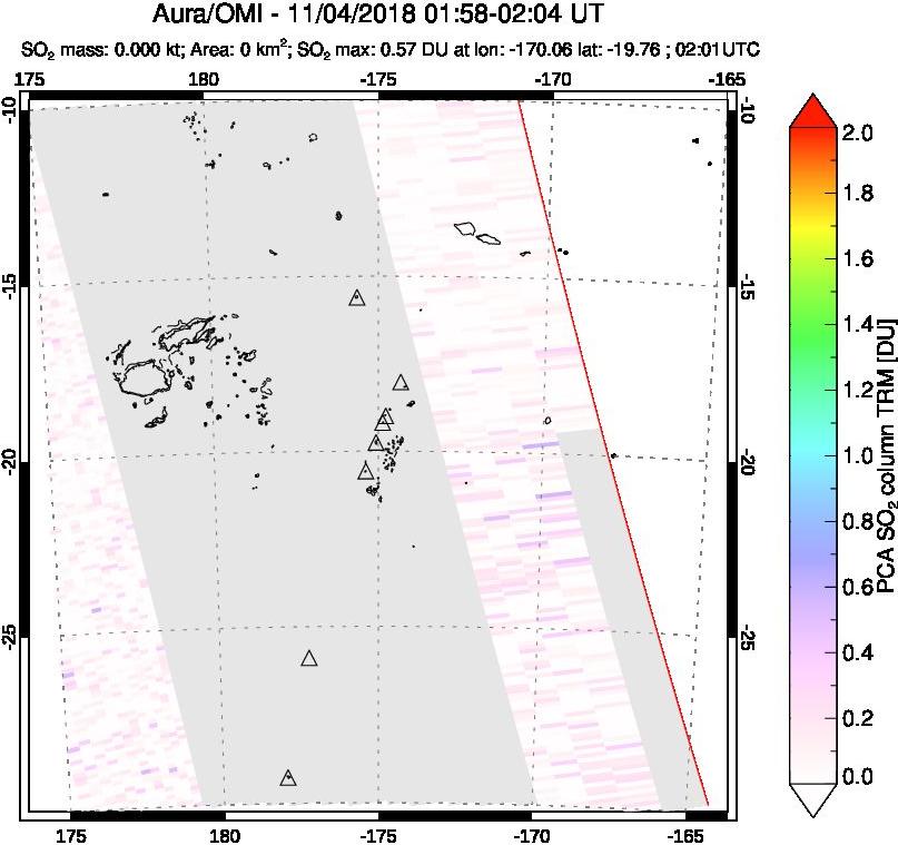 A sulfur dioxide image over Tonga, South Pacific on Nov 04, 2018.