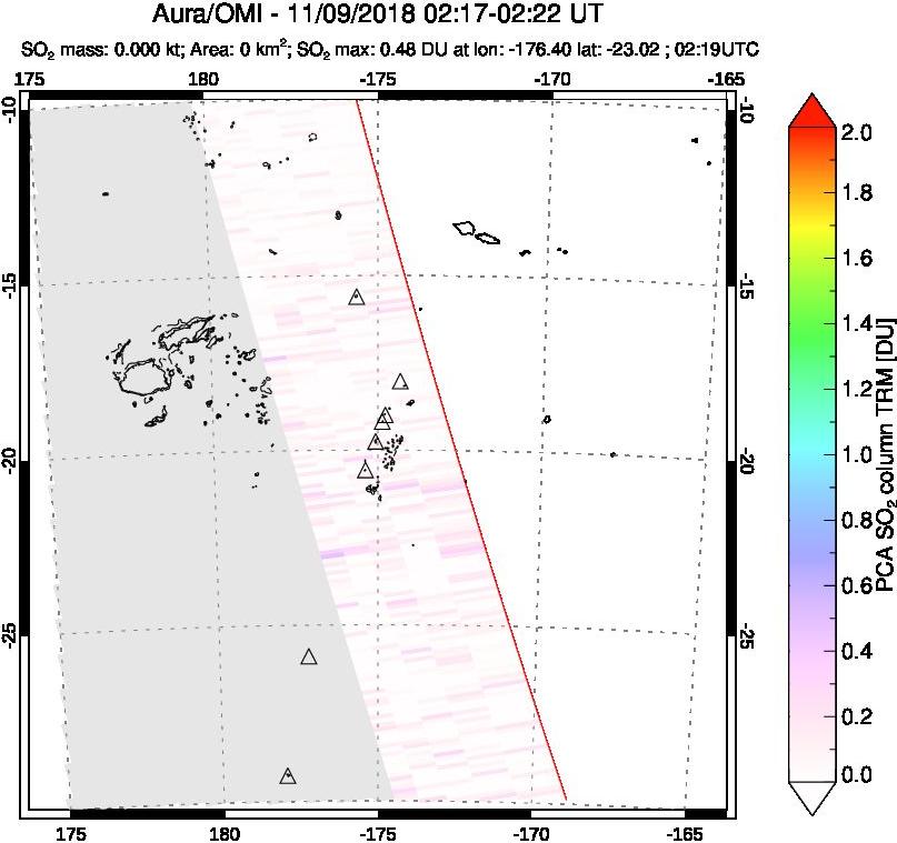 A sulfur dioxide image over Tonga, South Pacific on Nov 09, 2018.