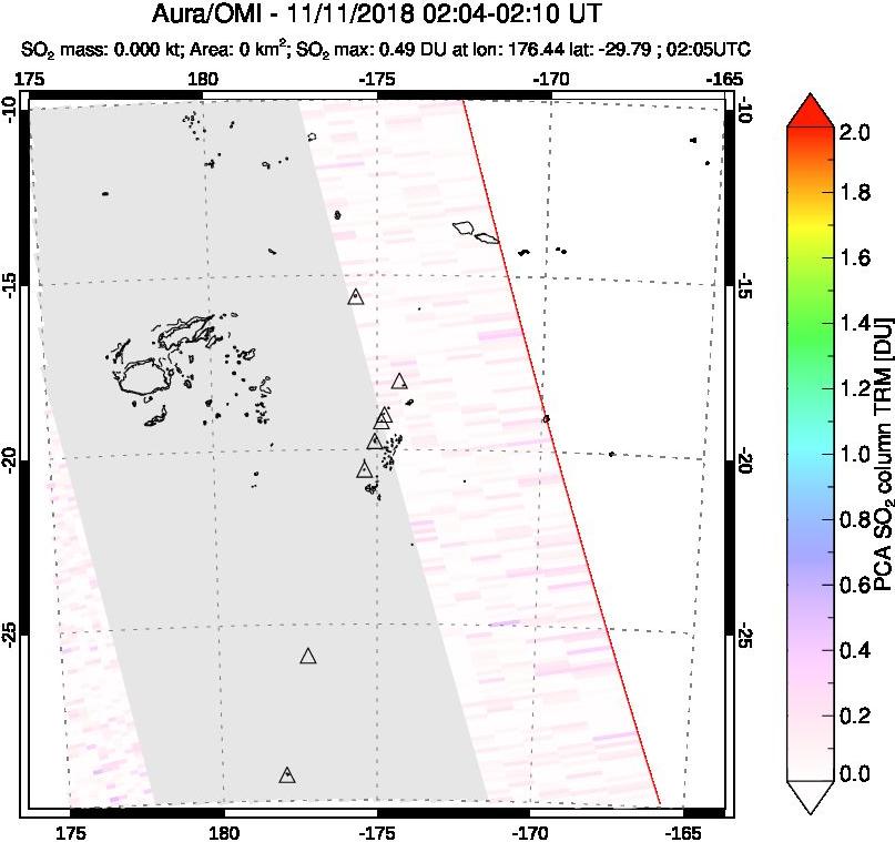 A sulfur dioxide image over Tonga, South Pacific on Nov 11, 2018.
