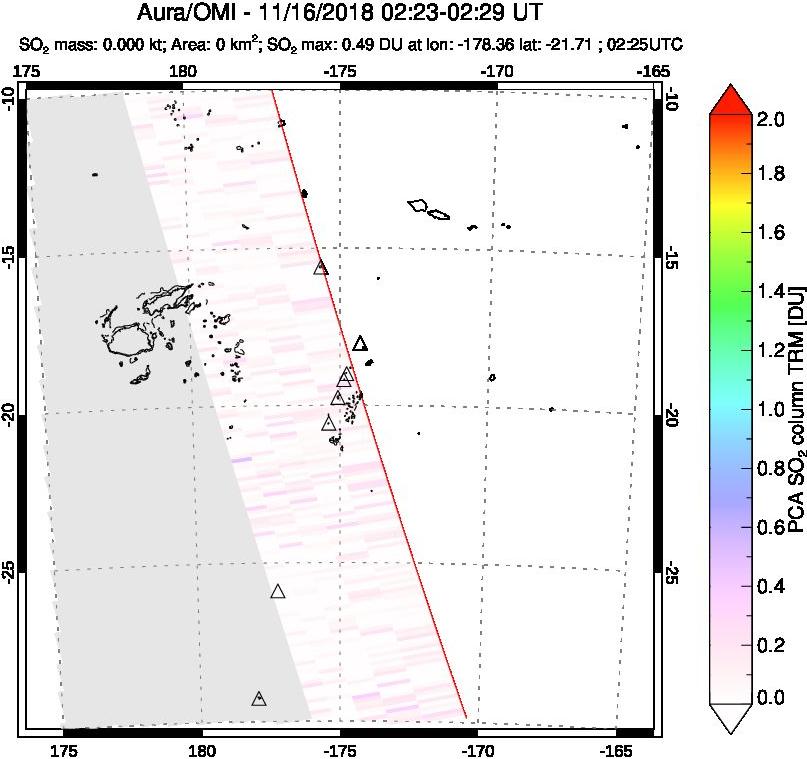 A sulfur dioxide image over Tonga, South Pacific on Nov 16, 2018.