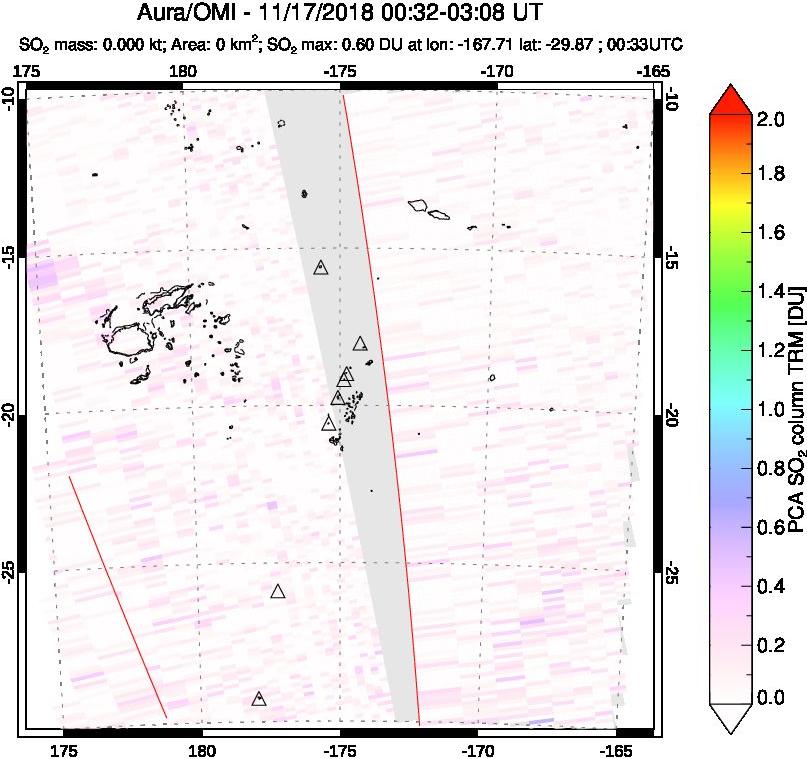 A sulfur dioxide image over Tonga, South Pacific on Nov 17, 2018.