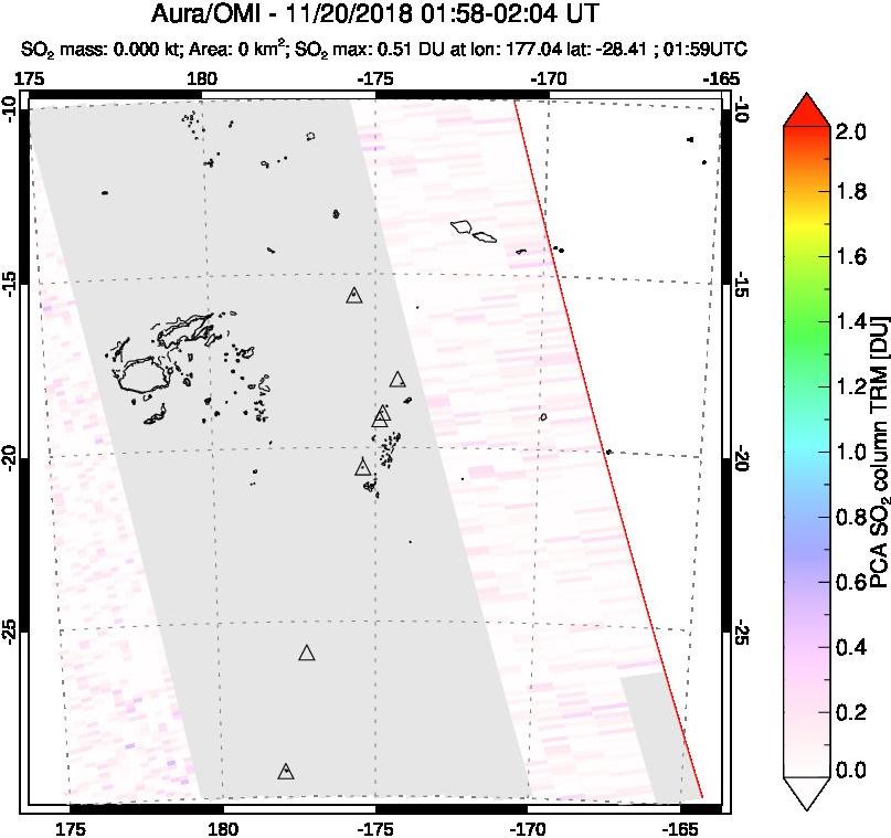 A sulfur dioxide image over Tonga, South Pacific on Nov 20, 2018.