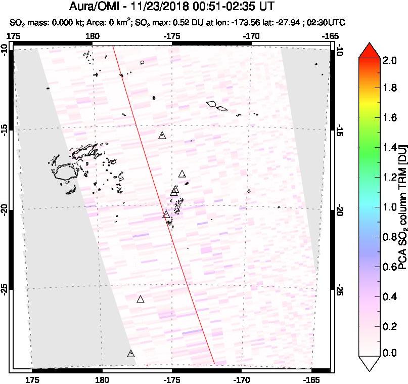 A sulfur dioxide image over Tonga, South Pacific on Nov 23, 2018.