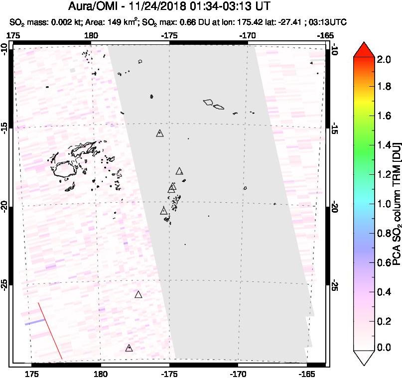 A sulfur dioxide image over Tonga, South Pacific on Nov 24, 2018.